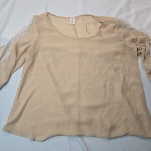 Blue Note Shirt Womens Sheer Blouse 1X Tan White Lace Sleeves Romantic Preppy